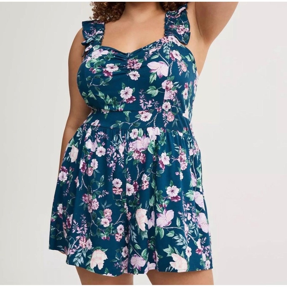 Torrid Melinda Floral Legion Blue Stretch Challis Romper Ruffle Strap Womens 1X